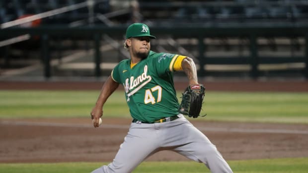 Oakland Athletics starting pitcher Frankie Montas (47) throws a pitch against the Arizona Diamondbacks during the first inning at Chase Field Aug 18, 2020. Athletics Vs Diamondbacks